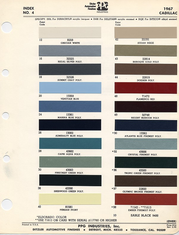 The complete 1967 Cadillac color chart
