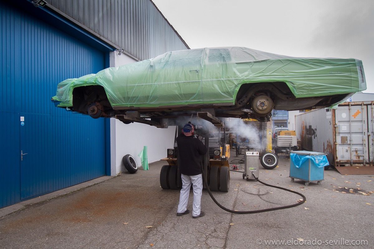 I had the undercarriage dry ice blasted to remove all the undercoating