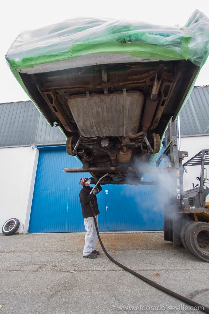 I had the undercarriage dry ice blasted to remove all the undercoating