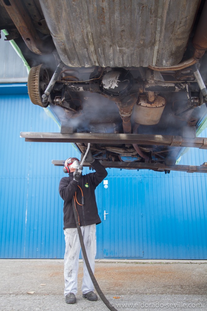 I had the undercarriage dry ice blasted to remove all the undercoating